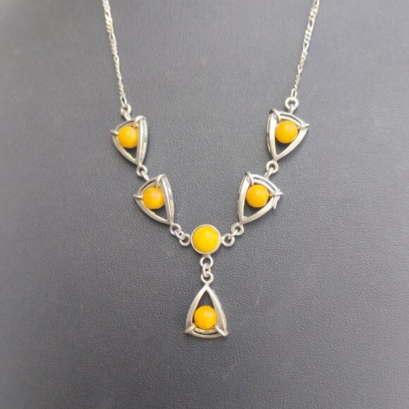 Artisan Jewelry - Vintage Baltic Yellow Egg Yolk Amber Sterling Silver Y-Drop Necklace 18"